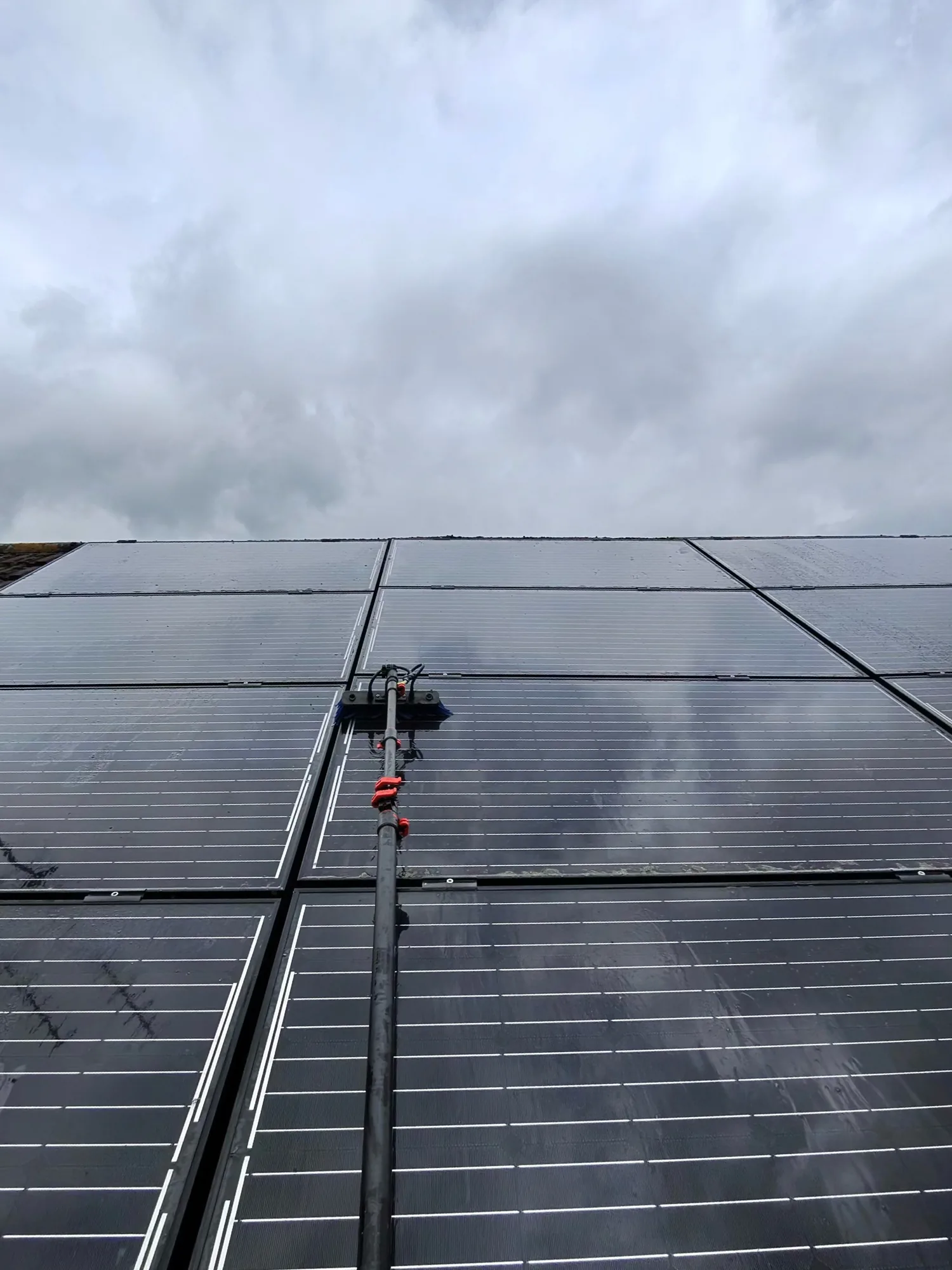 Water fed pole brush cleaning black solar panels on a roof