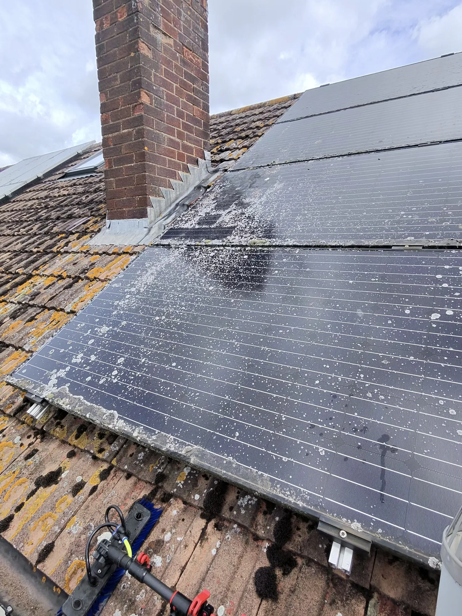 Lichen covered solar panels being cleaned beside a brick chimney